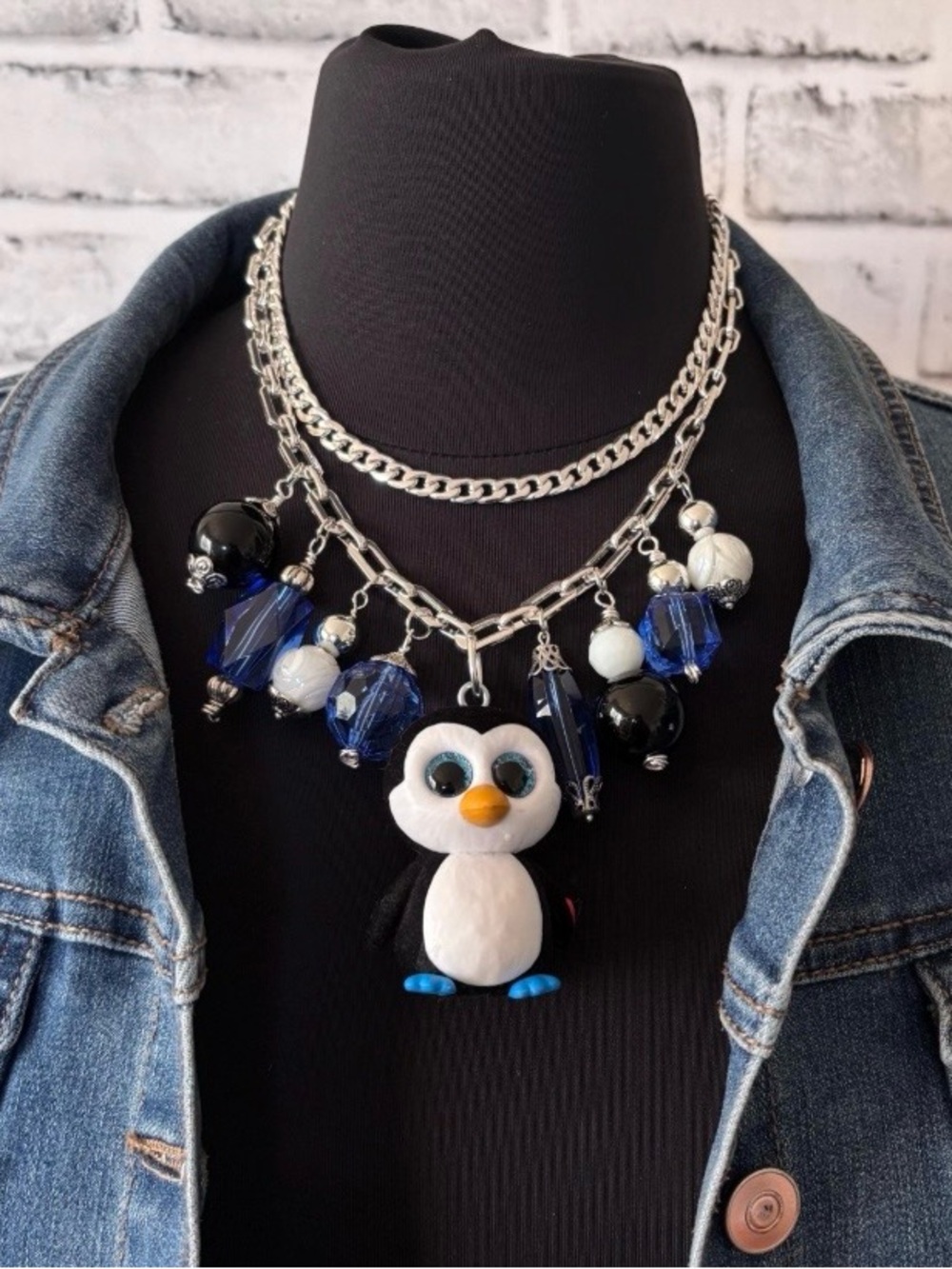 Handmade, Upcycled Ty Mini Boo Waddles the Penguin Beaded Statement Necklace